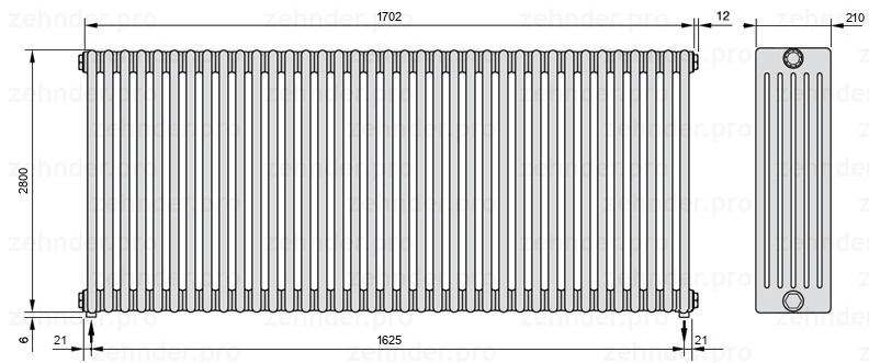 Схема (чертеж) Радиатор Zehnder Charleston 6280/37 №3570 Белый глянцевый RAL 9016